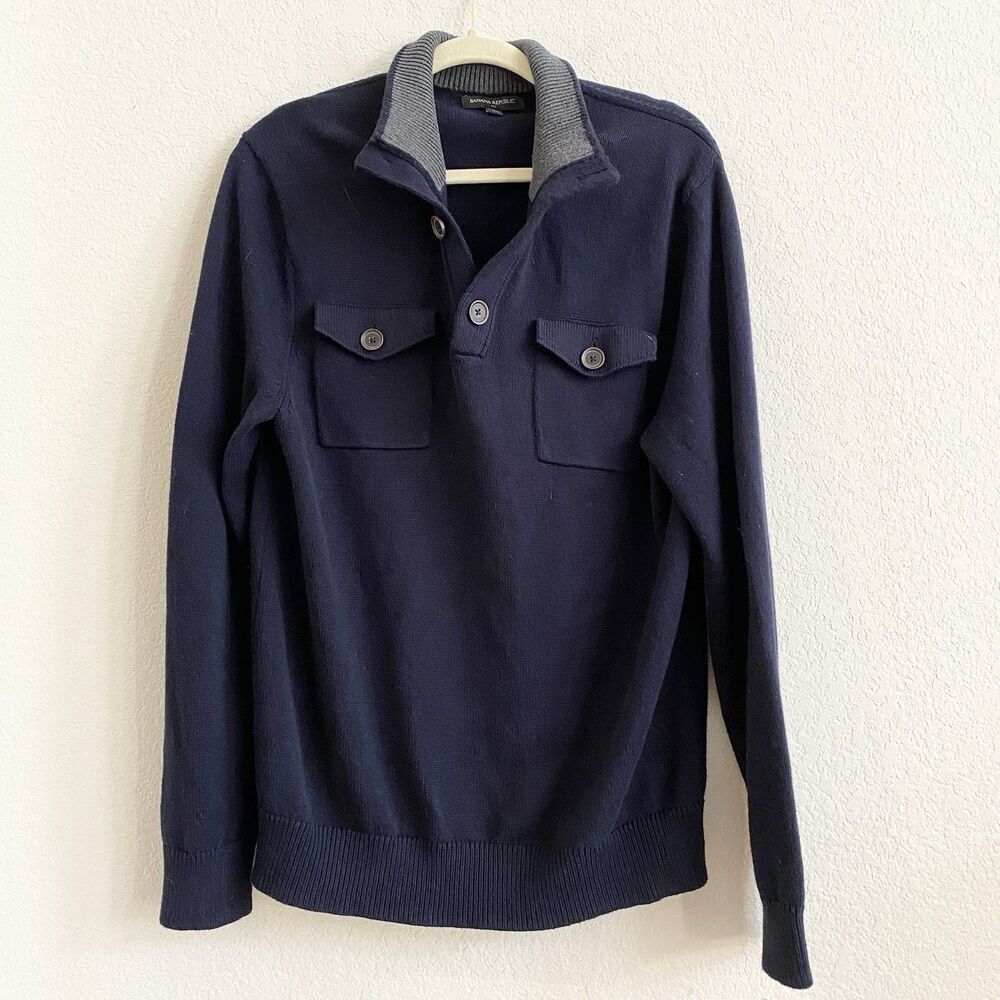 Banana Republic Sweater Men's Medium Navy Blue Button Collar‎ 100% Cotton